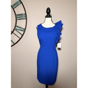 Calvin Klein Dress Royal Blue Sleeveless Lined Sheath Ruffle Accent Size 8 NWT